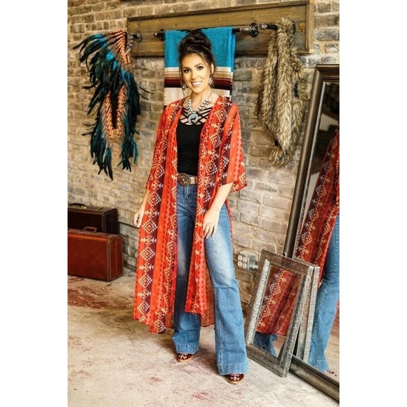 Lucky & Blessed Other - Lucky Blessed Kimono Duster 3XL Red Aztec Tribal Boho Long Festival Chic